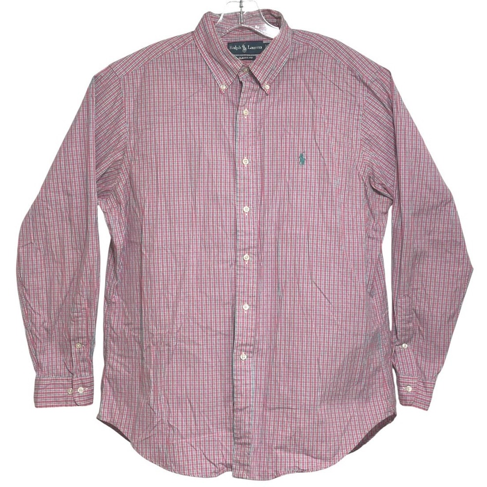 Ralph Lauren Button Up Shirt Men Pink Green Plaid Classic Fit Coastal 16.5 34/35